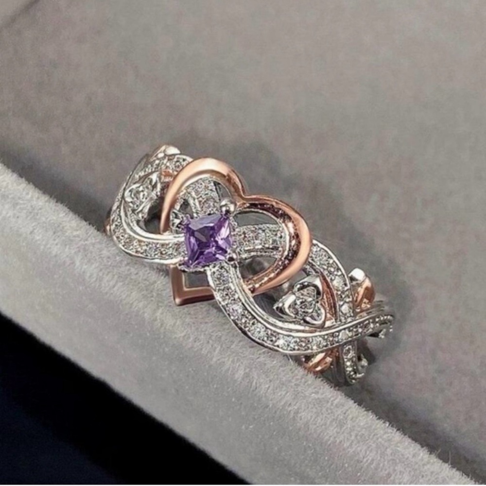 Rose and Silver Heart Ring with Purple Stone
